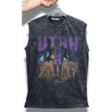 Utah Yazılı Yıkamalı Kolsuz Tişört, Unisex Basketbol Temalı Sıfır Kollu Eskitme Atlet - Siyah - 3XL