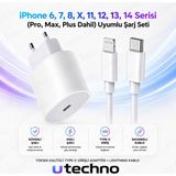 utechno Apple Uyumlu iPhone Hızlı Şarj Aleti Adaptör + Lightning Kablo 6 7 8 X 11 12 13 14 Pro Max Plus Uyumlu 25W iOS - Beyaz