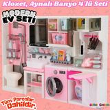 Ütü, Ayna, Tuvalet Ve Çamaşır Makinesi Banyo Seti - Modern Banyo Seti - Banyo Oyuncak Seti - Ütü, Klozet, Tuvalet, Aynal