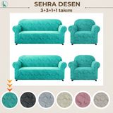 Uy Style Tekstil Jakarli Koltuk ,kanepe, Çekyat Örtüsü ,koltuk Kılıfı Sehra Desen 3+3+1+1 Takım - Mint - 180 x 230 cm