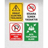 Uyarı Levhası Seti, Kendinden Yapışkanlı Folyo, 25x35 cm, 4'lü Set, Elektrik Tehlikesi, Sigara İçmek Yasaktır, Park Etmeyiniz, Acil Toplanma Alanı