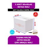 Uygun Kutu ve Ambalaj 3 ADET 60x40x40 Beyaz Çeyiz Kolisi, Taşıma Kolisi, Boş Karton Koli, Çift Oluklu