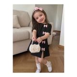 uyguntarz Kız Çocuk Siyah Mini Elbise Pembe Fiyonk Detaylı Modern Tasarım