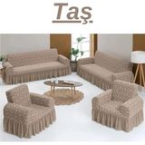 Uytm Jakarlı 3+3+1+1 Koltuk Takımı Örtüsü. Lastikli, Esnek, Yıkanabilir Koltuk, Kanepe, Çekyat Kılıfı - 180 x 230 cm - Taş Rengi