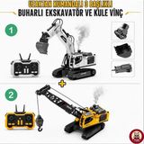 Uzaktan Kumandalı Iş Makineleri Seti 2 Si 1 Arada Metal 3 Başlıklı Ekskavatör ve Metal Başlıklı Kule Vinç 2.4 Ghz Kumanda Sesli Işıklı Şarjlı Full Fon - Çok Renkli