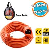 Uzatma Kablosu Cca 3x1.5 mm 20 Metre Topraklı Kablolu Tekli Grup Fiş Priz Kapaklı Monofaze Ev Tipi - Turuncu