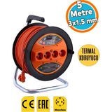 Uzatma Kablosu Makaralı Cca 3x1.5 mm 35 Metre Plastik Seyyar Makara Termal Sigortalı 4 Prizli Monofaze - Turuncu - Siyah