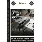 #Uzatma TypeC Şarjlı Dayanıklı 2500 Watt Termal Akım Korumalı 4 Prizli USB Girişli Uzatma Kablosu