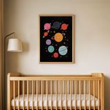Uzayda Renkli Gezegenler Çocuk Odası Duvar Posteri Çerçeveli Tablo Duvar Dekorasyonu - 30 x 40 - Ahşap Çerçeveli