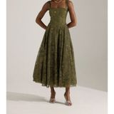 Uzer Işıltılı Simli Jacquard Dokulu Kare Yaka Couture Premium Abiye Elbise - 46 - Haki