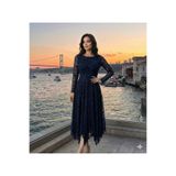 UZER Kadın lacivert Tül Üzeri Flok Baskılı Asimetrik Kesim Elbise