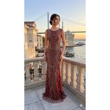 UZER Kristal Taş ve payet İşlemeli baskılı vücudu saran kuyruklu Özel Seri Gece Elbisesi,abiye elbise