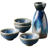 Uziqueif Japon Sake Seti, 5 Parça El Boyaması Seramik Sake Servis Seti, 4 x 30 ml Bardak + 1 x 130 ml Tencere - Lacivert