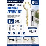Uzman Güvenlik Filesi Balkon Filesi Montaj Aparat Seti 15 Adet (23X150) Çelik Kanca ve Plastik Dübel