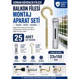 Uzman Güvenlik Filesi Balkon Filesi Montaj Aparat Seti 25 Adet (23X150) Çelik Kanca ve Plastik Dübel