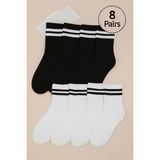 Uzn Socks 8 Çift Unisex Kolej Çorap – Siyah & Beyaz Çizgili Orta Boy Pamuklu Spor Çorap - 36 - 40 - Siyah - Beyaz