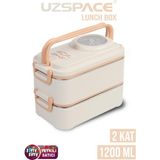 Uzspace 1200 ml Iki Kat Dört Bölme Paslanmaz Çelik Lunch Box Yeni Nesil Sefer Tası-Sos Kaseli MODEL-FFLBOX8023 - Bej
