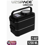 Uzspace 1200 ml Iki Kat Dört Bölme Paslanmaz Çelik Lunch Box Yeni Nesil Sefer Tası-Sos Kaseli MODEL-FFLBOX8023 - Siyah