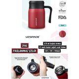 Uzspace 470 ml Kulplu Termos 12 Saate Kadar Soğuk Sıcak Tutma 120 x 120 x 150MM 316L Paslanmaz Çelik - Kırmızı - 0,47 lt