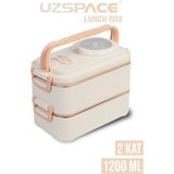 Uzspace Beslenme Kutusu Paslanmaz Çelik - 1200 ml Sos Kaseli 2 Katlı Çatal Kaşık Hediyeli - Bej