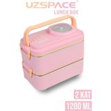 Uzspace Beslenme Kutusu Paslanmaz Çelik - 1200 ml Sos Kaseli 2 Katlı Çatal Kaşık Hediyeli - Pembe