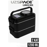 Uzspace Beslenme Kutusu Paslanmaz Çelik - 1200 ml Sos Kaseli 2 Katlı Çatal Kaşık Hediyeli - Siyah