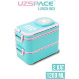 Uzspace Beslenme Kutusu Paslanmaz Çelik - 1200 ml Sos Kaseli 2 Katlı Çatal Kaşık Hediyeli - Turkuaz