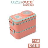 Uzspace Beslenme Kutusu Paslanmaz Çelik - 1200 ml Sos Kaseli 2 Katlı Çatal Kaşık Hediyeli - Turuncu