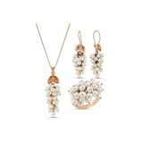 Üzüm Salkımı Doğal İnci Küpe Kolye Yüzük Üçlü Set (Rose)