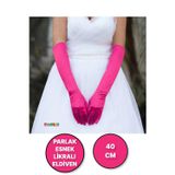 Uzun Boy Parlak Esnek Likralı Eldiven 40 Cm - 1 Çift - Fuşya