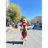 Uzun Hırka İçi Elbise İkili Triko Takım Ekose Baklava Desen Haki Kırmızı