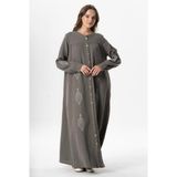 Uzun Kol Laçin Baskılı Müslin Mevsimlik Ferace Gri Gri - 4XL - 5XL