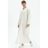 Uzun Kol Şile Bezi Simli Kaftan Midi Boy Yazlık Elbise Krem Krm M Krem