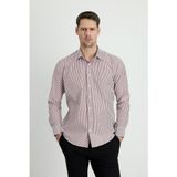 Uzun Kol Slim Fit Dar Kesim Çizgili Pamuklu Gömlek - Açık Bordo