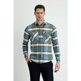 Uzun Kol Slim Fit Dar Kesim Ekose Oduncu Pamuklu Gömlek - Koyu Yeşil