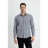 Uzun Kol Slim Fit Dar Kesim Ekose Pamuklu Kolay Ütülenebilir Gömlek - Koyu Lacivert