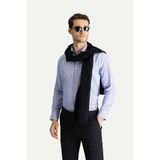 Uzun Kol Slim Fit Dar Kesim Klasik Çizgili Pamuklu Kolay Ütülenebilir Gömlek - Koyu Mavi
