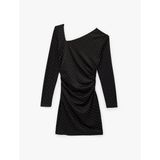 Uzun Kollu Asimetrik Yaka Slim Fit Bodycon Taşlı Mini Abiye Elbise