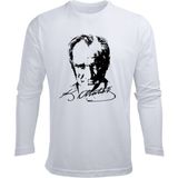 Uzun Kollu Atatürk Silüet ve Imza Baskılı Pamuklu Çocuk Tişört - Beyaz - 12 Yaş