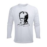 Uzun Kollu Atatürk Silüet ve Imza Baskılı Pamuklu Çocuk Tişört - Beyaz - 9 Yaş