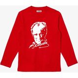 Uzun Kollu Atatürk Silüet ve Imza Baskılı Pamuklu Çocuk Tişört - Kırmızı - 4 Yaş