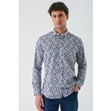 Uzun Kollu Baskılı Garnili Pamuklu Casual Slim Fit Dar Kesim Gömlek 1004240211-koyu Mavi