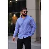 Uzun Kollu Beyaz Renk Mavi Çizgili Yarım Oversize Erkek Gömlek - 2XL