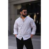 Uzun Kollu Beyaz Renk Siyah Çizgili Yarım Oversize Erkek Gömlek - Beyaz - Siyah
