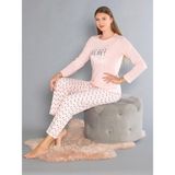 Uzun Kollu Bisiklet Yaka Pijama Takımı - Yazlık Kalp Desenli Yumuşak Milan Kumaş - Poppy 59-01 (M, L, Xl, Xxl) - Somon - 2XL