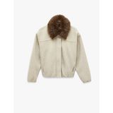 Uzun Kollu Cepli Çıkarılabilir Suni Kürk Yaka Kaşe Crop Bomber Ceket