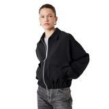 Uzun Kollu Cepli Fermuarlı Gabardin Crop Bomber Ceket