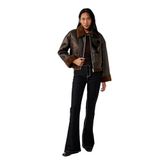 Uzun Kollu Cepli Fermuarlı Peluş Yaka Suni Süet Crop Biker Ceket