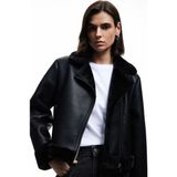 Uzun Kollu Fermuarlı Suni Kürk Astarlı Kruvaze Suni Deri Biker Crop Ceket - Siyah - 42