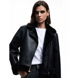 Uzun Kollu Fermuarlı Suni Kürk Astarlı Kruvaze Suni Deri Biker Crop Ceket
